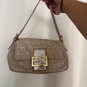RARE FENDI Zuchinno Mini Mamma Baguette Pink Canvas Shoulder Bag